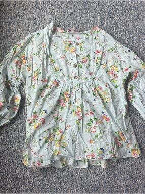 Light Blue Floral Button-Up Peasant Blouse